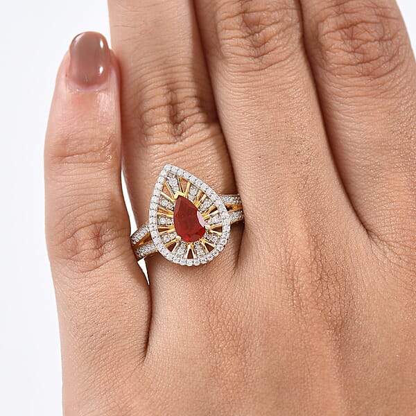 Shop Lc D'Joy Mexican Cherry Fire Opal And Moissanite 1.00 Ctw Art Deco Ring In 18K Vermeil Yellow Gold Over Sterling Silver