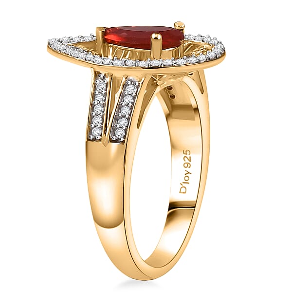 Shop Lc D'Joy Mexican Cherry Fire Opal And Moissanite 1.00 Ctw Art Deco Ring In 18K Vermeil Yellow Gold Over Sterling Silver
