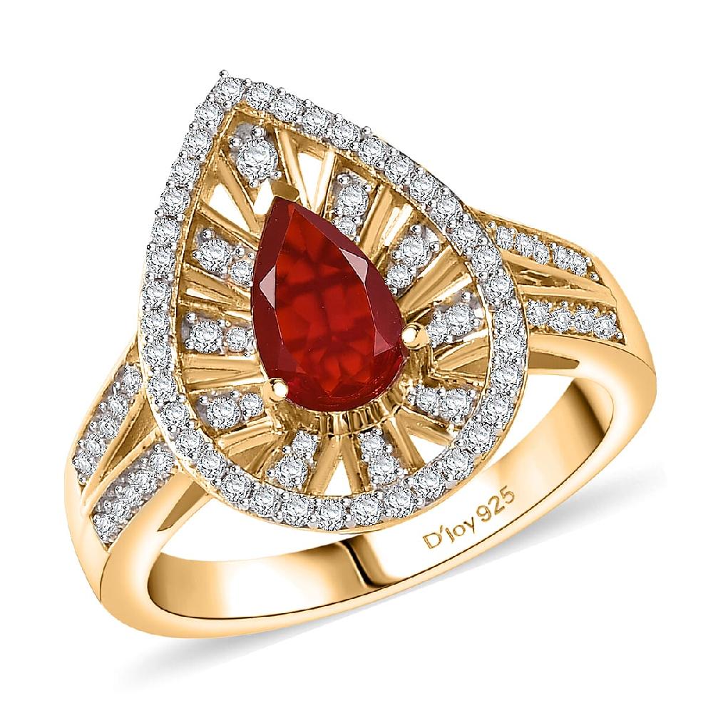 shop lc D'Joy Mexican Cherry Fire Opal and Moissanite 1.00 ctw Art Deco Ring in 18K Vermeil Yellow Gold Over Sterling Silver
