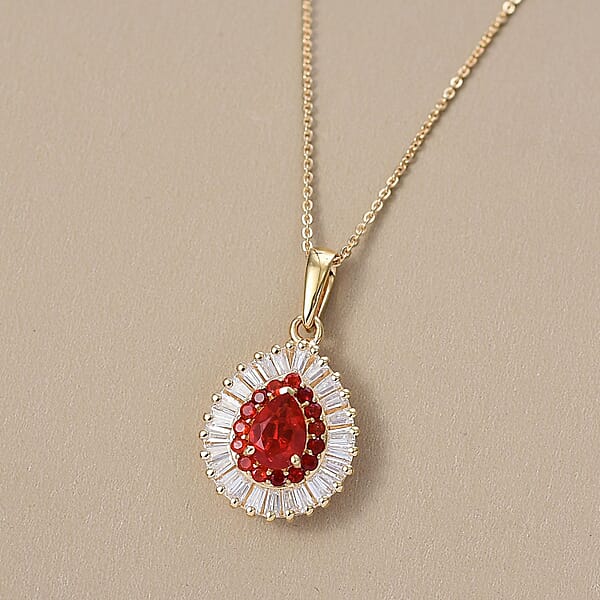 Shop Lc D'Joy Mexican Cherry Fire Opal And Moissanite 1.60 Ctw Pendant Necklace In 18K Vermeil Yellow Gold Over Sterling Silver 20 Inches