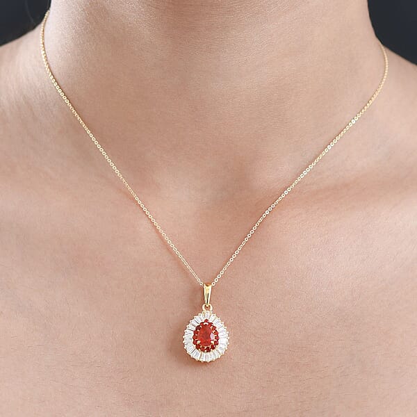 Shop Lc D'Joy Mexican Cherry Fire Opal And Moissanite 1.60 Ctw Pendant Necklace In 18K Vermeil Yellow Gold Over Sterling Silver 20 Inches