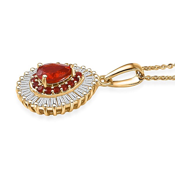 Shop Lc D'Joy Mexican Cherry Fire Opal And Moissanite 1.60 Ctw Pendant Necklace In 18K Vermeil Yellow Gold Over Sterling Silver 20 Inches