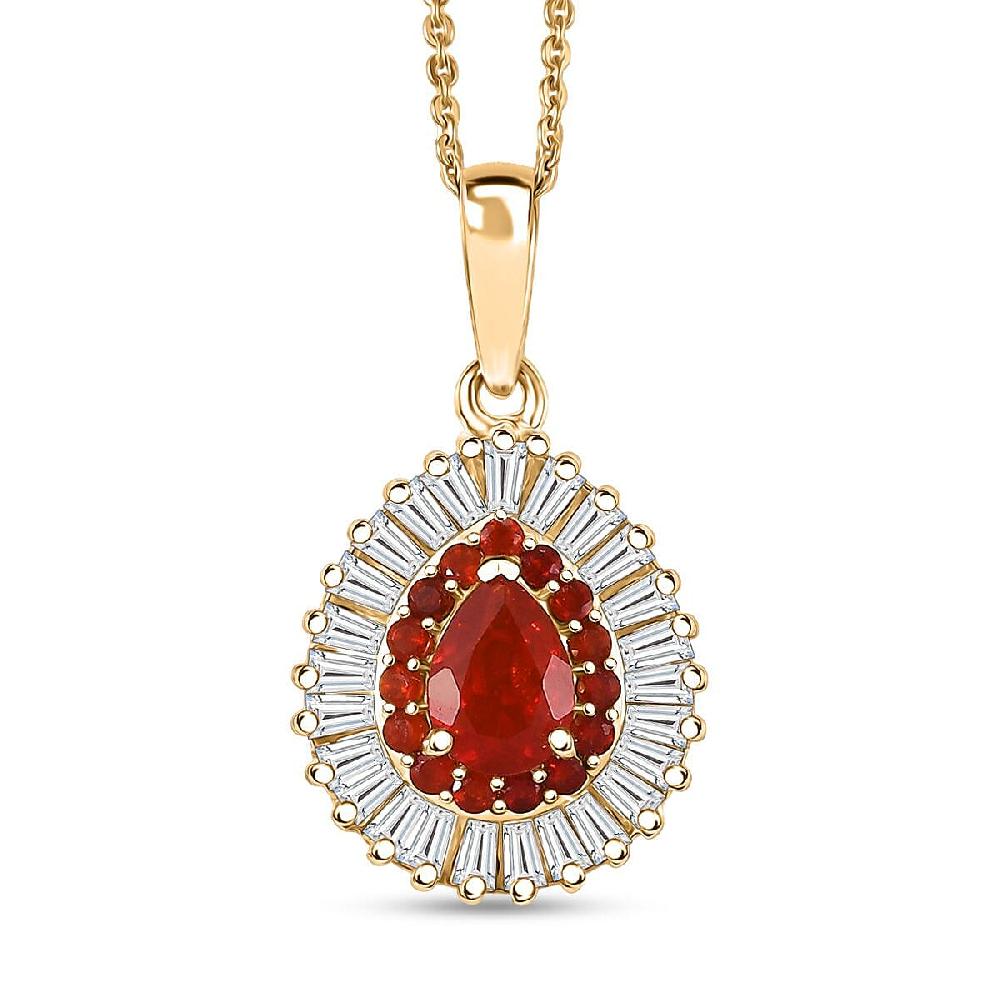 shop lc D'Joy Mexican Cherry Fire Opal and Moissanite 1.60 ctw Pendant Necklace in 18K Vermeil Yellow Gold Over Sterling Silver 20 Inches