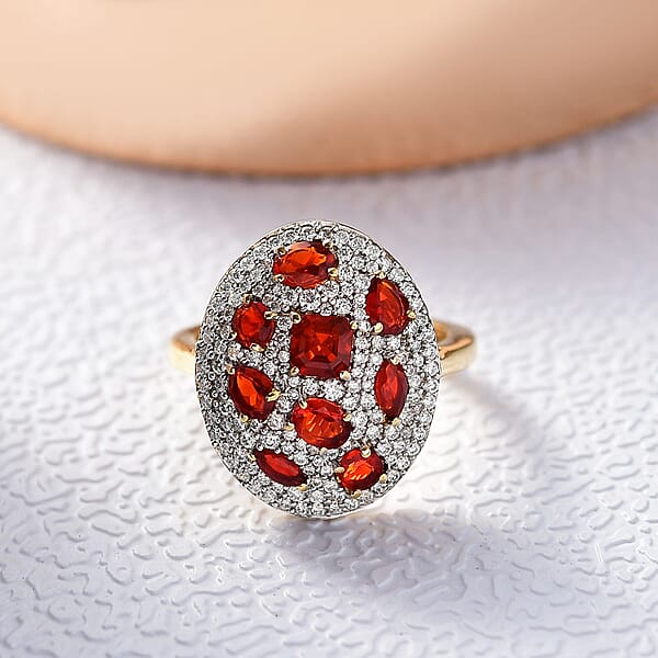 Shop Lc D'Joy Mexican Cherry Fire Opal And Moissanite 1.85 Ctw Cluster Art Deco Ring In 18K Vermeil Yellow Gold Over Sterling Silver