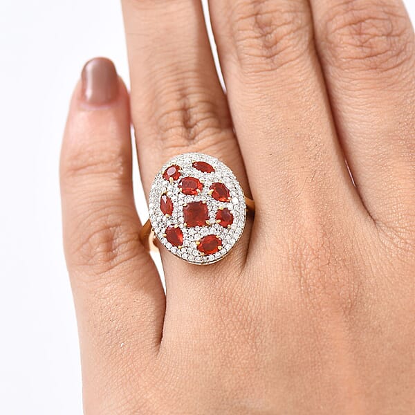 Shop Lc D'Joy Mexican Cherry Fire Opal And Moissanite 1.85 Ctw Cluster Art Deco Ring In 18K Vermeil Yellow Gold Over Sterling Silver