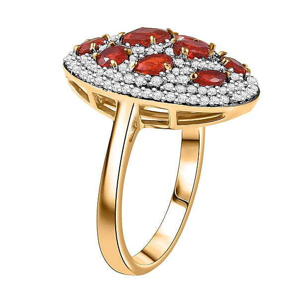 Shop Lc D'Joy Mexican Cherry Fire Opal And Moissanite 1.85 Ctw Cluster Art Deco Ring In 18K Vermeil Yellow Gold Over Sterling Silver