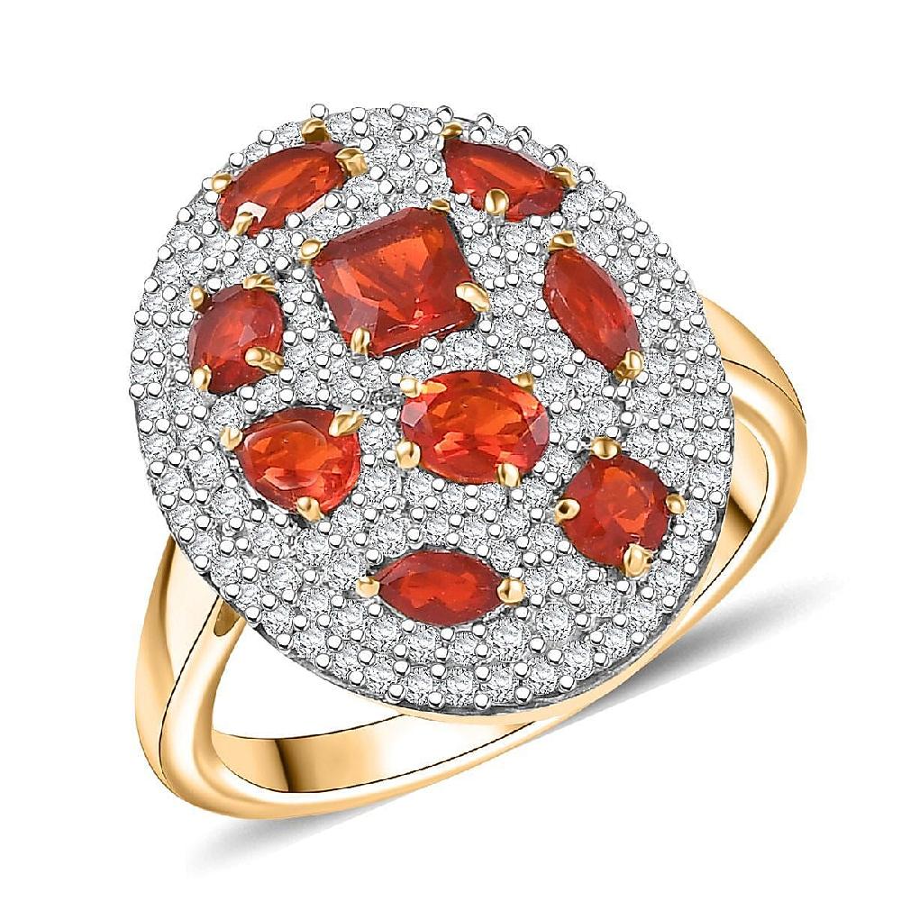 shop lc D'Joy Mexican Cherry Fire Opal and Moissanite 1.85 ctw Cluster Art Deco Ring in 18K Vermeil Yellow Gold Over Sterling Silver