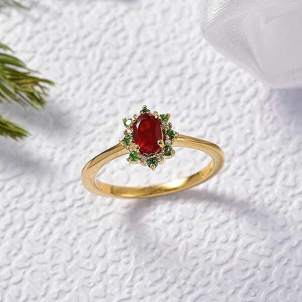 Shop Lc D'Joy Mexican Cherry Fire Opal And Multi Gemstone 0.50 Ctw Classic Halo Ring In 18K Vermeil Yellow Gold Over Sterling Silver