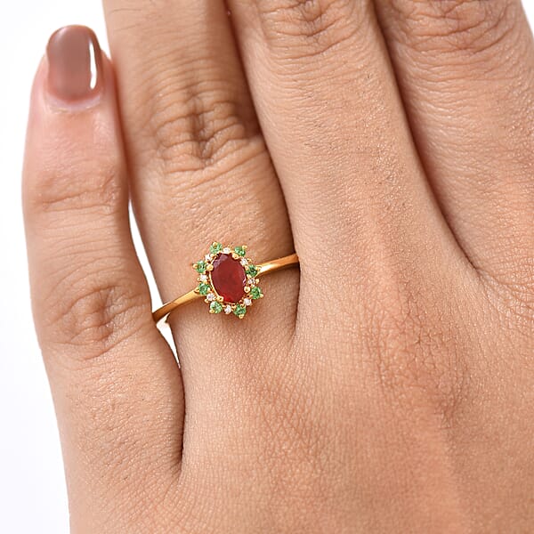 Shop Lc D'Joy Mexican Cherry Fire Opal And Multi Gemstone 0.50 Ctw Classic Halo Ring In 18K Vermeil Yellow Gold Over Sterling Silver