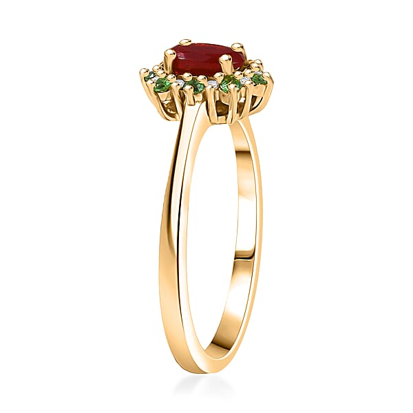 Shop Lc D'Joy Mexican Cherry Fire Opal And Multi Gemstone 0.50 Ctw Classic Halo Ring In 18K Vermeil Yellow Gold Over Sterling Silver