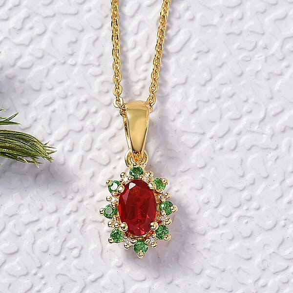 Shop Lc D'Joy Mexican Cherry Fire Opal And Multi Gemstone 0.50 Ctw Classic Halo Pendant Necklace In 18K Vermeil Yellow Gold Over Sterling Silver 20 Inches