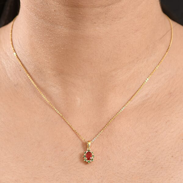 Shop Lc D'Joy Mexican Cherry Fire Opal And Multi Gemstone 0.50 Ctw Classic Halo Pendant Necklace In 18K Vermeil Yellow Gold Over Sterling Silver 20 Inches