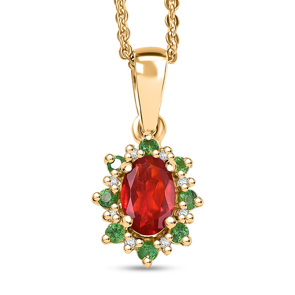shop lc D'Joy Mexican Cherry Fire Opal and Multi Gemstone 0.50 ctw Classic Halo Pendant Necklace in 18K Vermeil Yellow Gold Over Sterling Silver 20 Inches