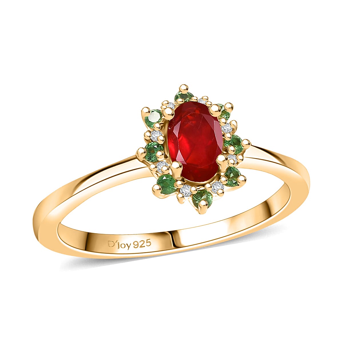 shop lc D'Joy Mexican Cherry Fire Opal and Multi Gemstone 0.50 ctw Classic Halo Ring in 18K Vermeil Yellow Gold Over Sterling Silver