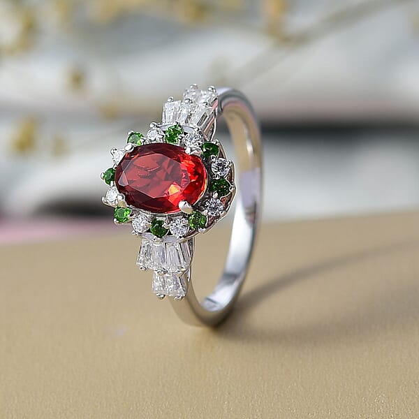 Shop Lc D'Joy Mexican Cherry Fire Opal And Mutli Gemstone 1.40 Ctw Art Deco Ring In Rhodium Over Sterling Silver