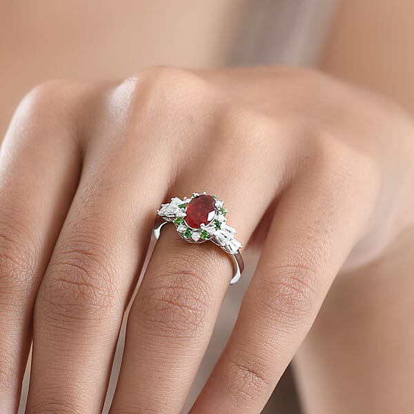 Shop Lc D'Joy Mexican Cherry Fire Opal And Mutli Gemstone 1.40 Ctw Art Deco Ring In Rhodium Over Sterling Silver