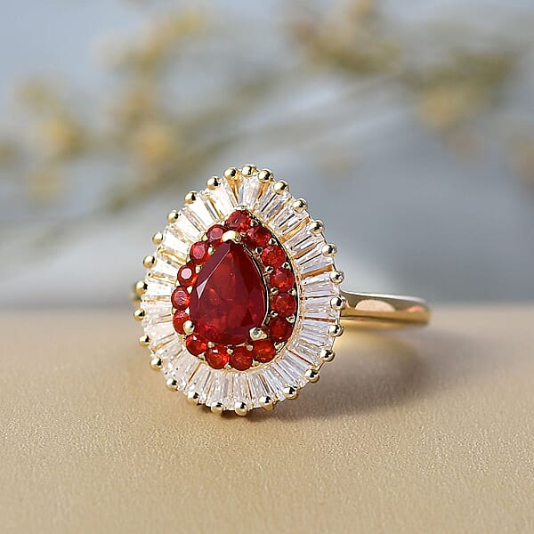 Shop Lc D'Joy Mexican Cherry Fire Opal Moissanite Ring In 18K Vermeil YG Over Sterling Silver 1.65 Ctw