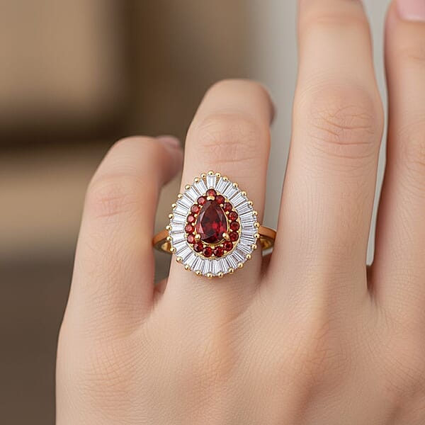 Shop Lc D'Joy Mexican Cherry Fire Opal Moissanite Ring In 18K Vermeil YG Over Sterling Silver 1.65 Ctw