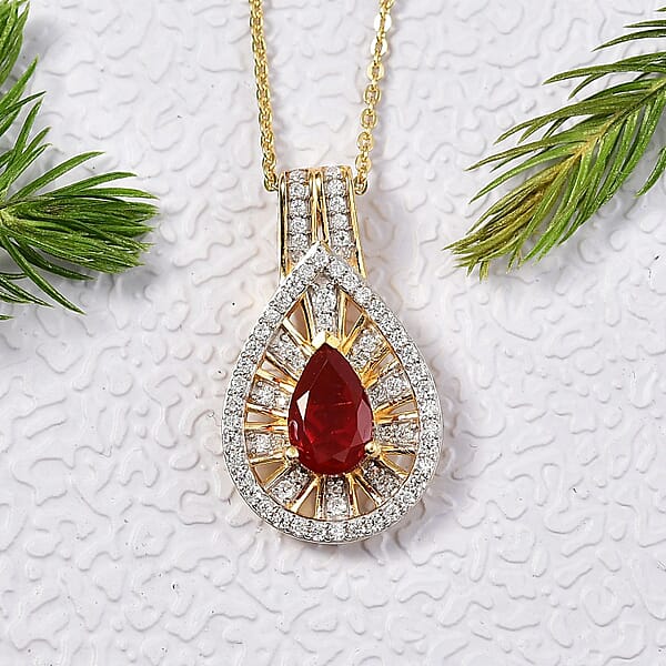 Shop Lc D'Joy Mexican Fire Opal And Moissanite 1.00 Ctw Art Deco Pendant Necklace In 18K Vermeil Yellow Gold Over Sterling Silver 20 Inches