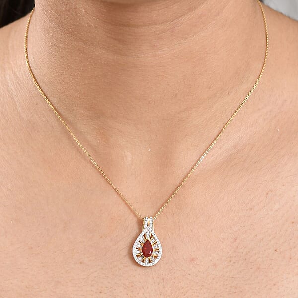 Shop Lc D'Joy Mexican Fire Opal And Moissanite 1.00 Ctw Art Deco Pendant Necklace In 18K Vermeil Yellow Gold Over Sterling Silver 20 Inches