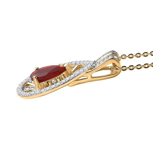 Shop Lc D'Joy Mexican Fire Opal And Moissanite 1.00 Ctw Art Deco Pendant Necklace In 18K Vermeil Yellow Gold Over Sterling Silver 20 Inches