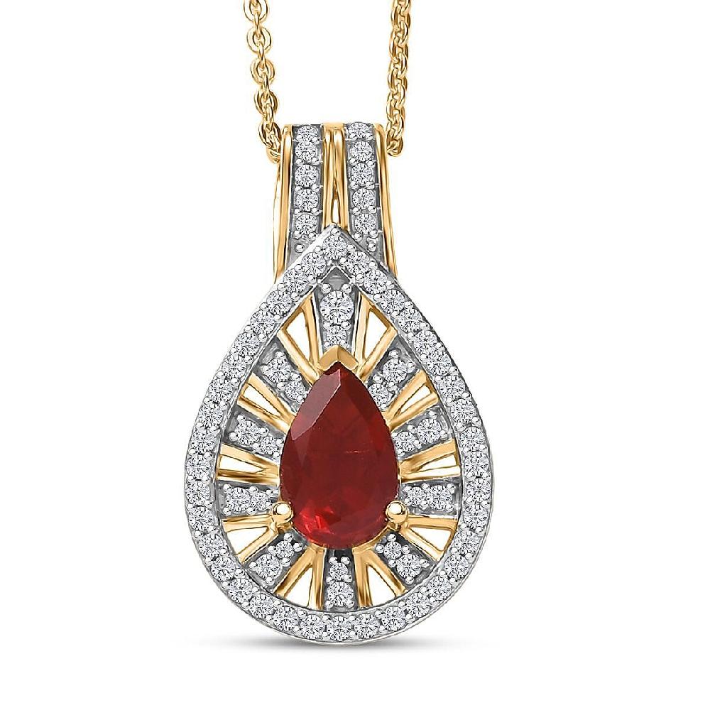 shop lc D'Joy Mexican Fire Opal and Moissanite 1.00 ctw Art Deco Pendant Necklace in 18K Vermeil Yellow Gold Over Sterling Silver 20 Inches
