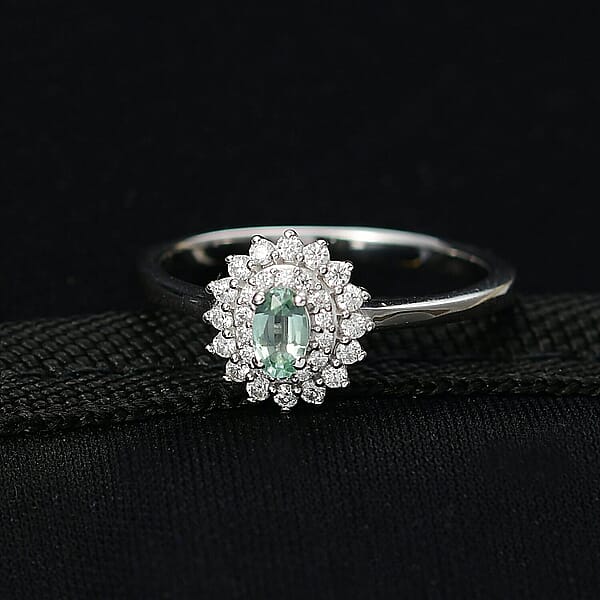 Shop Lc D'Joy Mint Tourmaline Moissanite Ring In Rhodium Over Sterling Silver 0.60 Ctw