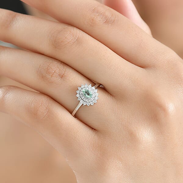 Shop Lc D'Joy Mint Tourmaline Moissanite Ring In Rhodium Over Sterling Silver 0.60 Ctw