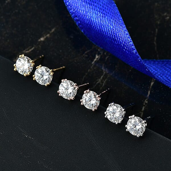 Shop Lc D'Joy Moissanite 2.60 Ctw Set Of 3 Solitaire Stud Earrings In 18K Vermeil YRG And Rhodium Over Sterling Silver