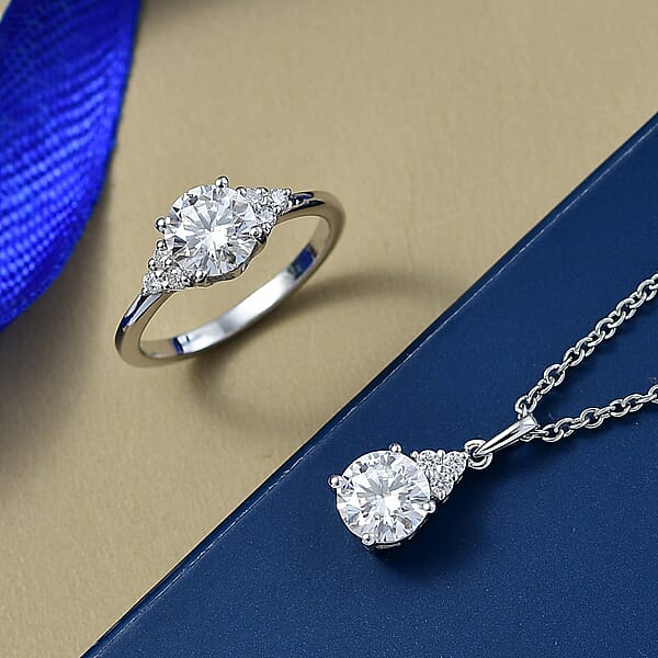 Shop Lc D'Joy Moissanite 2.75 Ctw Classic Ring And Pendant Necklace In Rhodium Over Sterling Silver 20 Inches
