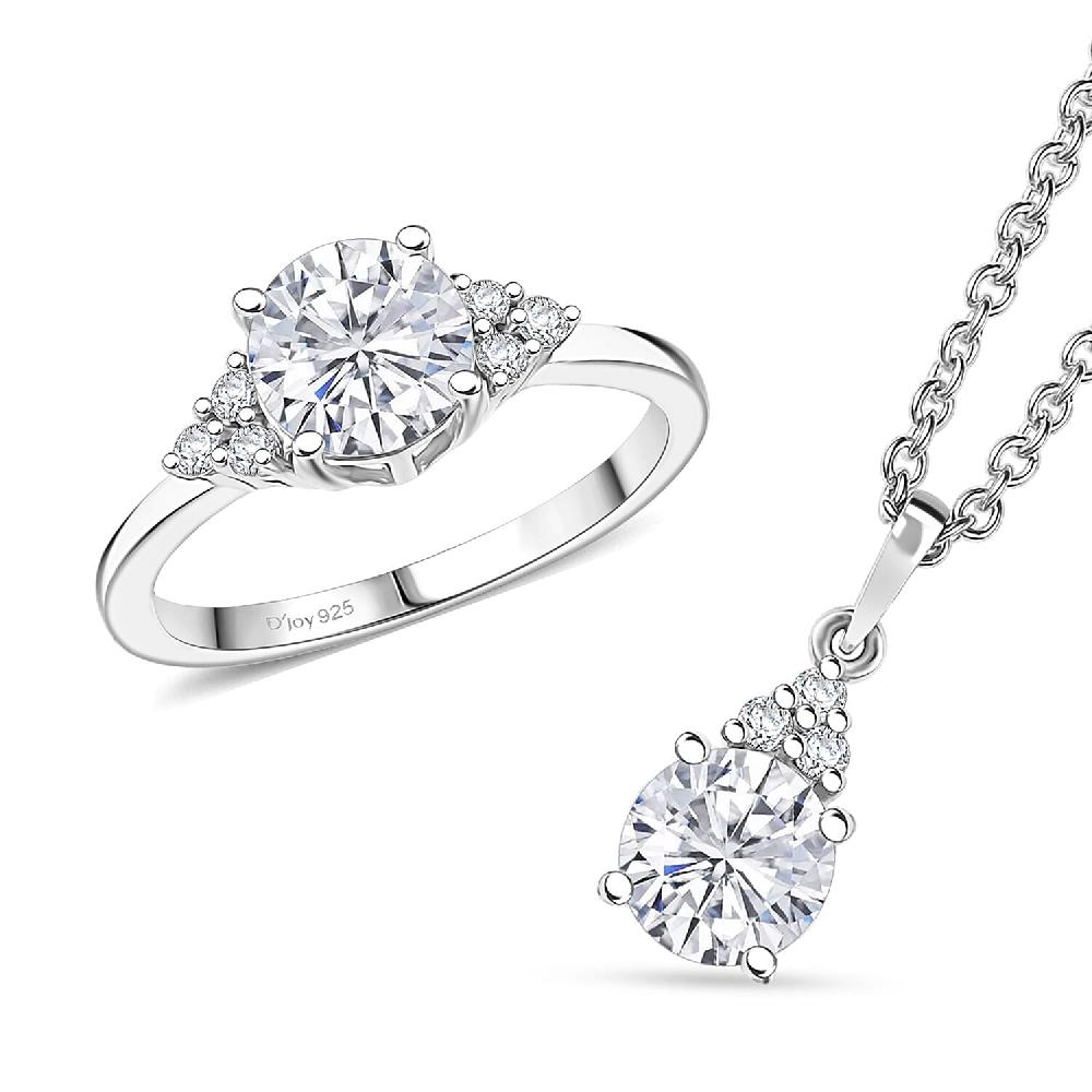 shop lc D'Joy Moissanite 2.75 ctw Classic Ring and Pendant Necklace in Rhodium Over Sterling Silver 20 Inches