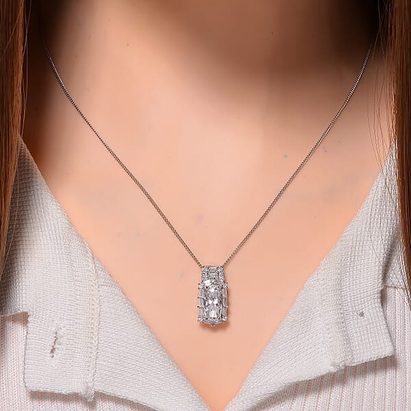 Shop Lc D'Joy Moissanite 3.20 Ctw Radiant Majesty Pendant Necklace In Rhodium Over Sterling Silver 20 Inches