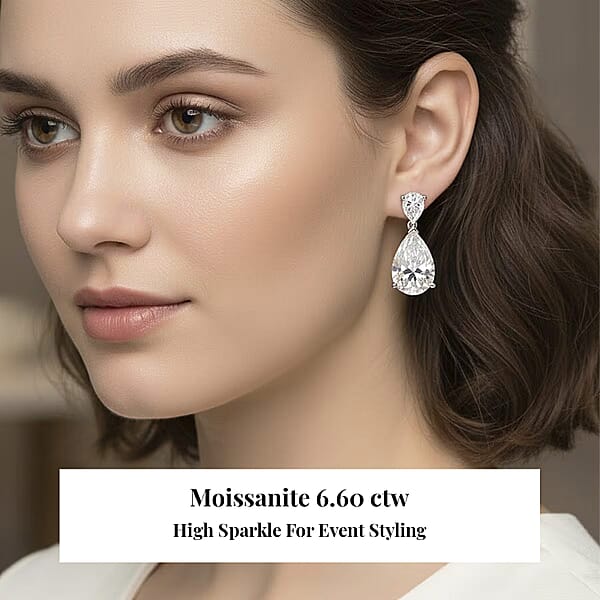 Shop Lc D'Joy Moissanite 6.60 Ctw Celebrity Glam Tear Drop Earrings In Rhodium Over Sterling Silver