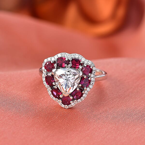 Shop Lc D'Joy Moissanite And Anthill Garnet 3.80 Ctw Light & Fire Ring In Rhodium Over Sterling Silver