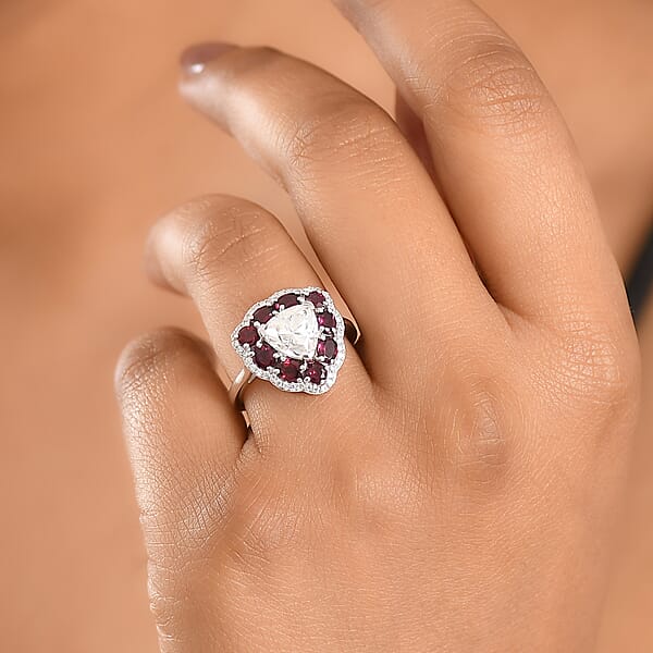 Shop Lc D'Joy Moissanite And Anthill Garnet 3.80 Ctw Light & Fire Ring In Rhodium Over Sterling Silver