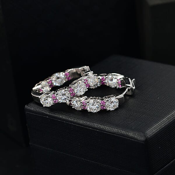 Shop Lc D'Joy Moissanite And Madagascar Pink Sapphire 6.00 Ctw Dream Weaver Hoop Earrings In Rhodium Over Sterling Silver
