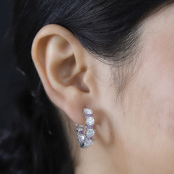 Shop Lc D'Joy Moissanite And Madagascar Pink Sapphire 6.00 Ctw Dream Weaver Hoop Earrings In Rhodium Over Sterling Silver