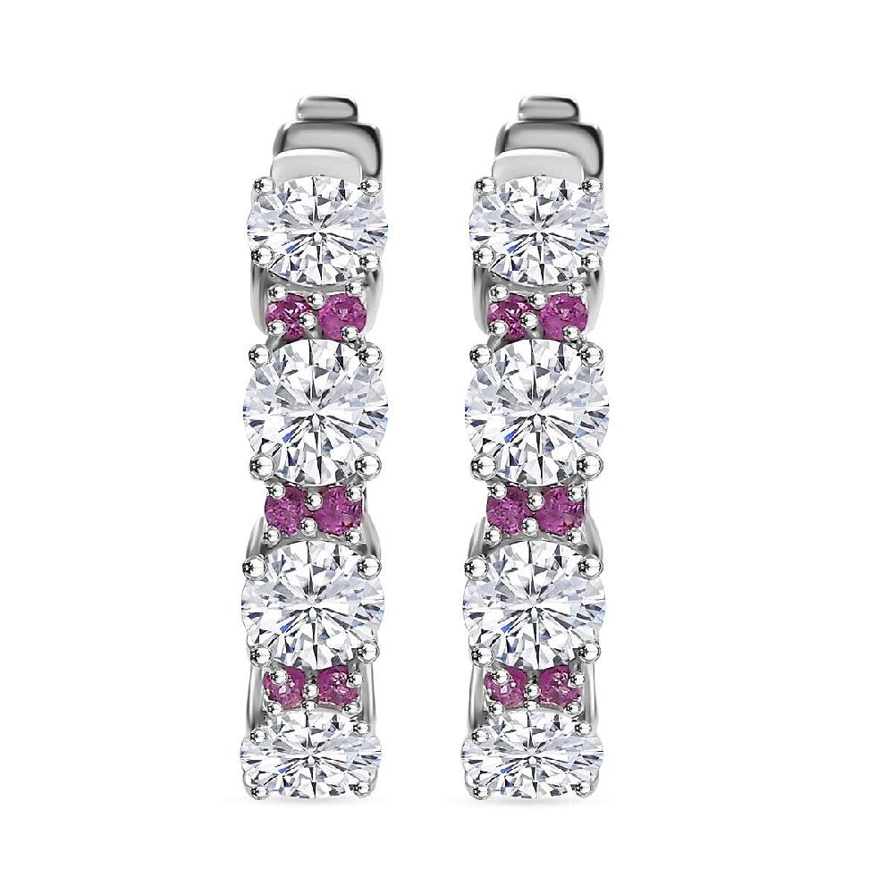 shop lc D'Joy Moissanite and Madagascar Pink Sapphire 6.00 ctw Dream Weaver Hoop Earrings in Rhodium Over Sterling Silver