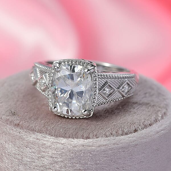 Shop Lc D'Joy Moissanite (Cush 11x9mm) Ring In Rhodium Over Sterling Silver 3.90 Ctw