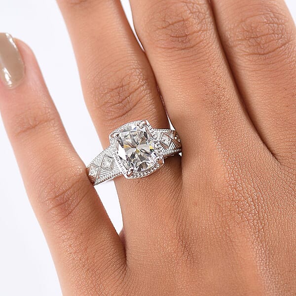 Shop Lc D'Joy Moissanite (Cush 11x9mm) Ring In Rhodium Over Sterling Silver 3.90 Ctw