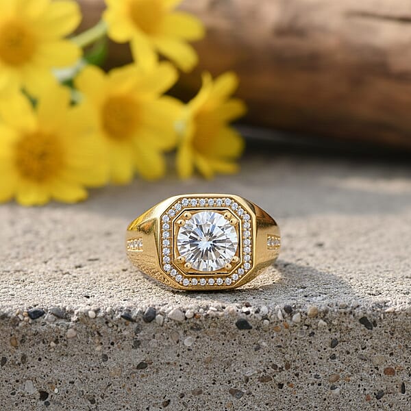 Shop Lc D'Joy Moissanite Halo Men's Ring In 18K Vermeil YG Over Sterling Silver 2.00 Ctw