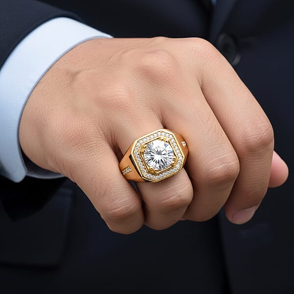 Shop Lc D'Joy Moissanite Halo Men's Ring In 18K Vermeil YG Over Sterling Silver 2.00 Ctw