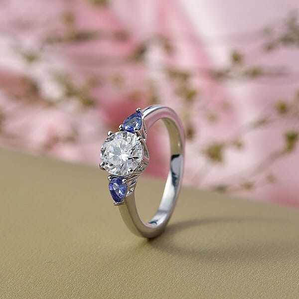 Shop Lc D'Joy Moissanite Tanzanite Ring In Rhodium Over Sterling Silver 1.60 Ctw