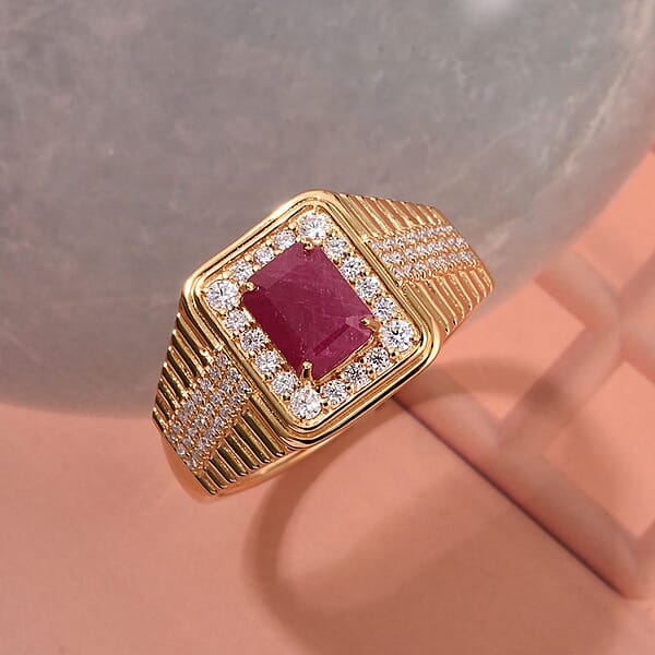Shop Lc D'Joy Montepuez Ruby Moissanite Men's Ring In 18K Vermeil YG Over Sterling Silver 2.30 Ctw