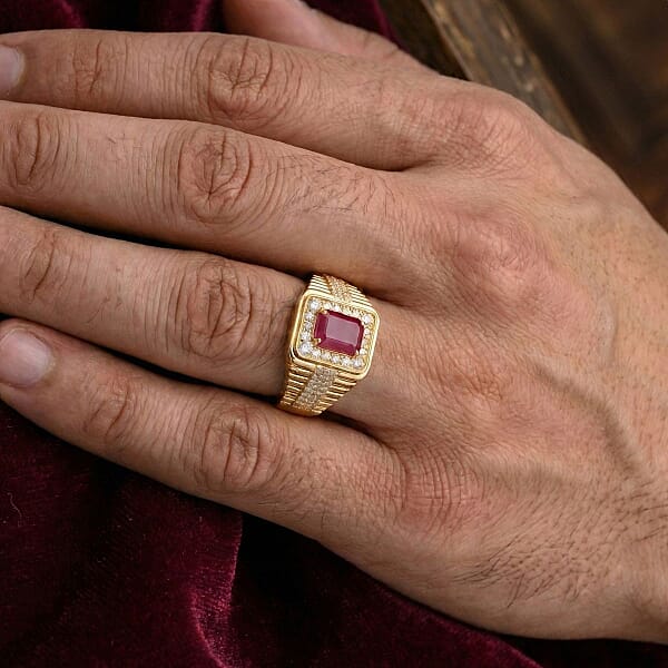 Shop Lc D'Joy Montepuez Ruby Moissanite Men's Ring In 18K Vermeil YG Over Sterling Silver 2.30 Ctw