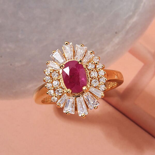 Shop Lc D'Joy Montepuez Ruby Moissanite Ring In 18K Vermeil YG Over Sterling Silver 2.10 Ctw