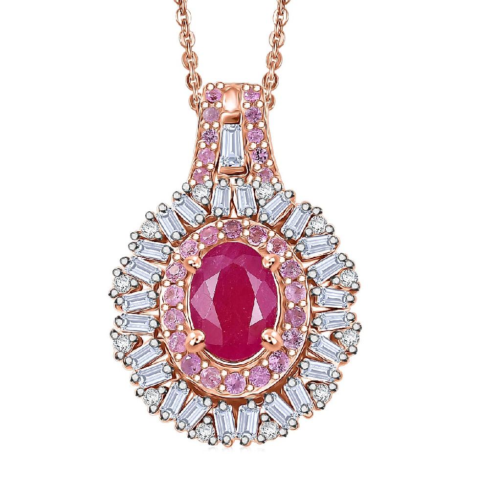 shop lc D'Joy Montepuez Ruby Multi Gemstone Sunburst Pendant Necklace in 18K Vermeil RG Over Sterling Silver 1.80 ctw (20 Inches)
