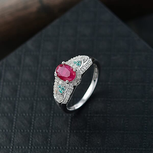 Shop Lc D'Joy Montepuez Ruby Paraiba Tourmaline And Diamond Ring In Rhodium Over Sterling Silver 1.60 Ctw
