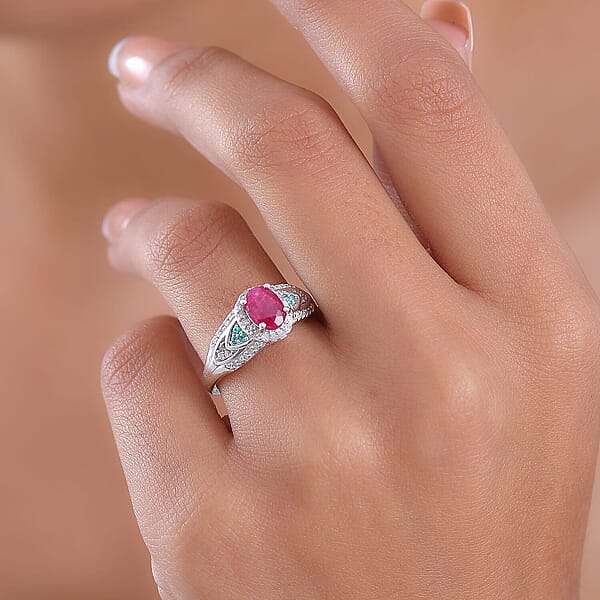 Shop Lc D'Joy Montepuez Ruby Paraiba Tourmaline And Diamond Ring In Rhodium Over Sterling Silver 1.60 Ctw
