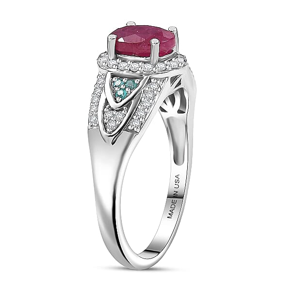 Shop Lc D'Joy Montepuez Ruby Paraiba Tourmaline And Diamond Ring In Rhodium Over Sterling Silver 1.60 Ctw